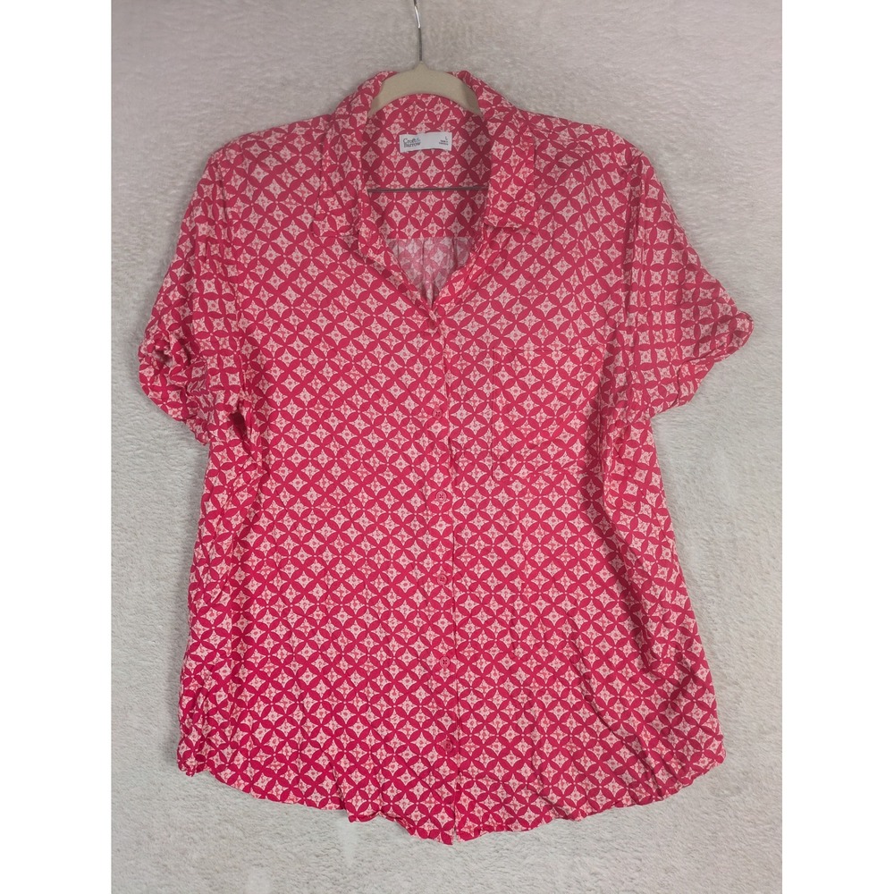 Croft & Barrow Button Down Women's Large Pink Geometric Short Sleeve Shirt